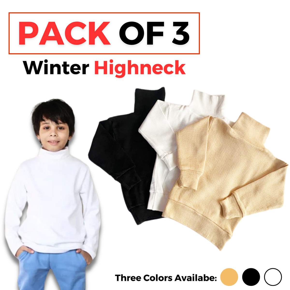 Pack of 3 Winter Wool High-Neck Tops for Kids