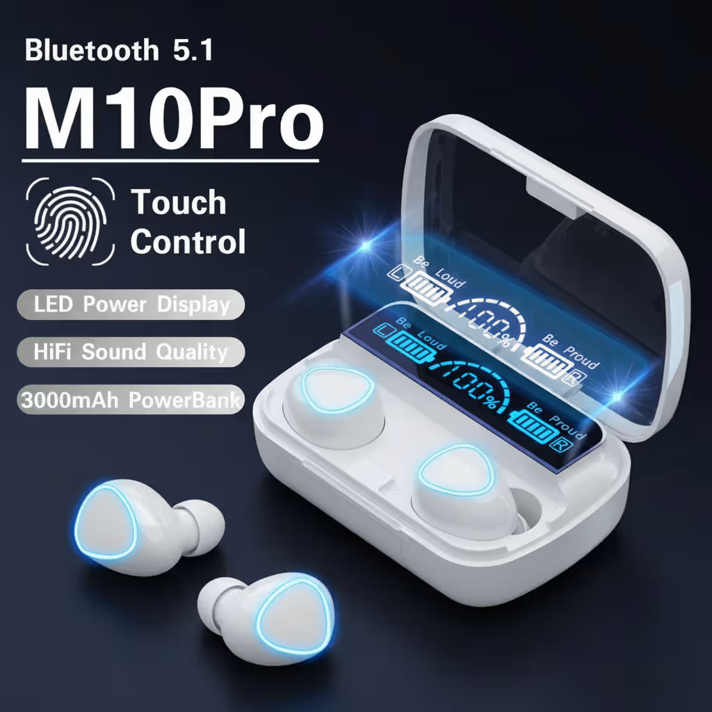 M10 AirPods Wireless Earbuds – High Bass, Bluetooth 5.3