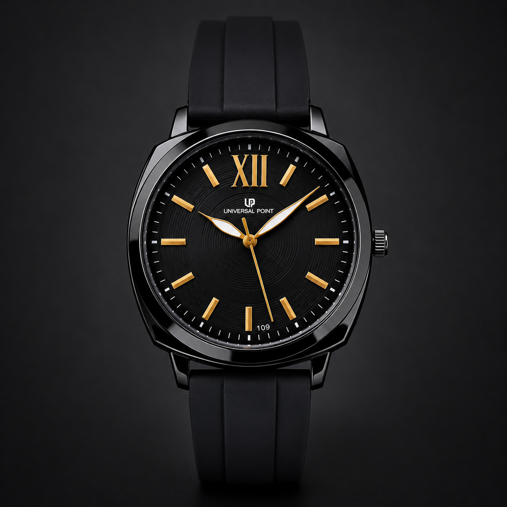 Premium Black Dial Men's Watch with Glossy Black Case and Silicone Strap