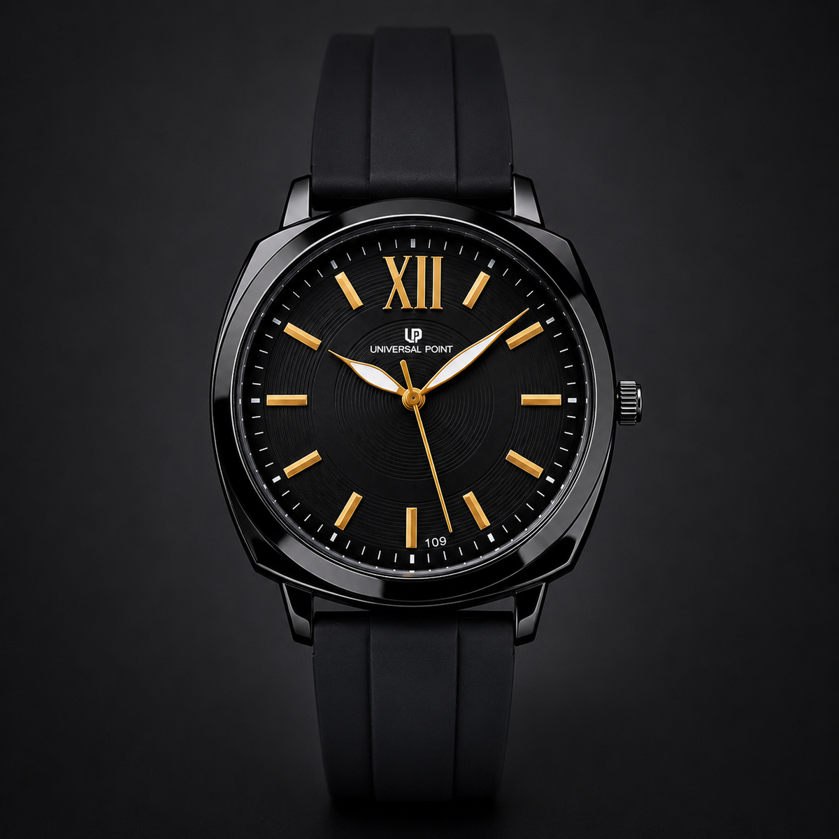 Premium Black Dial Men's Watch with Glossy Black Case and Silicone Strap