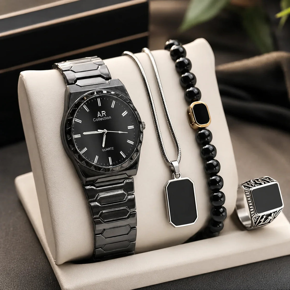 Luxury Men’s 4-Piece Black Accessories Combo Set | Watch, Ring, Bracelet & Pendant