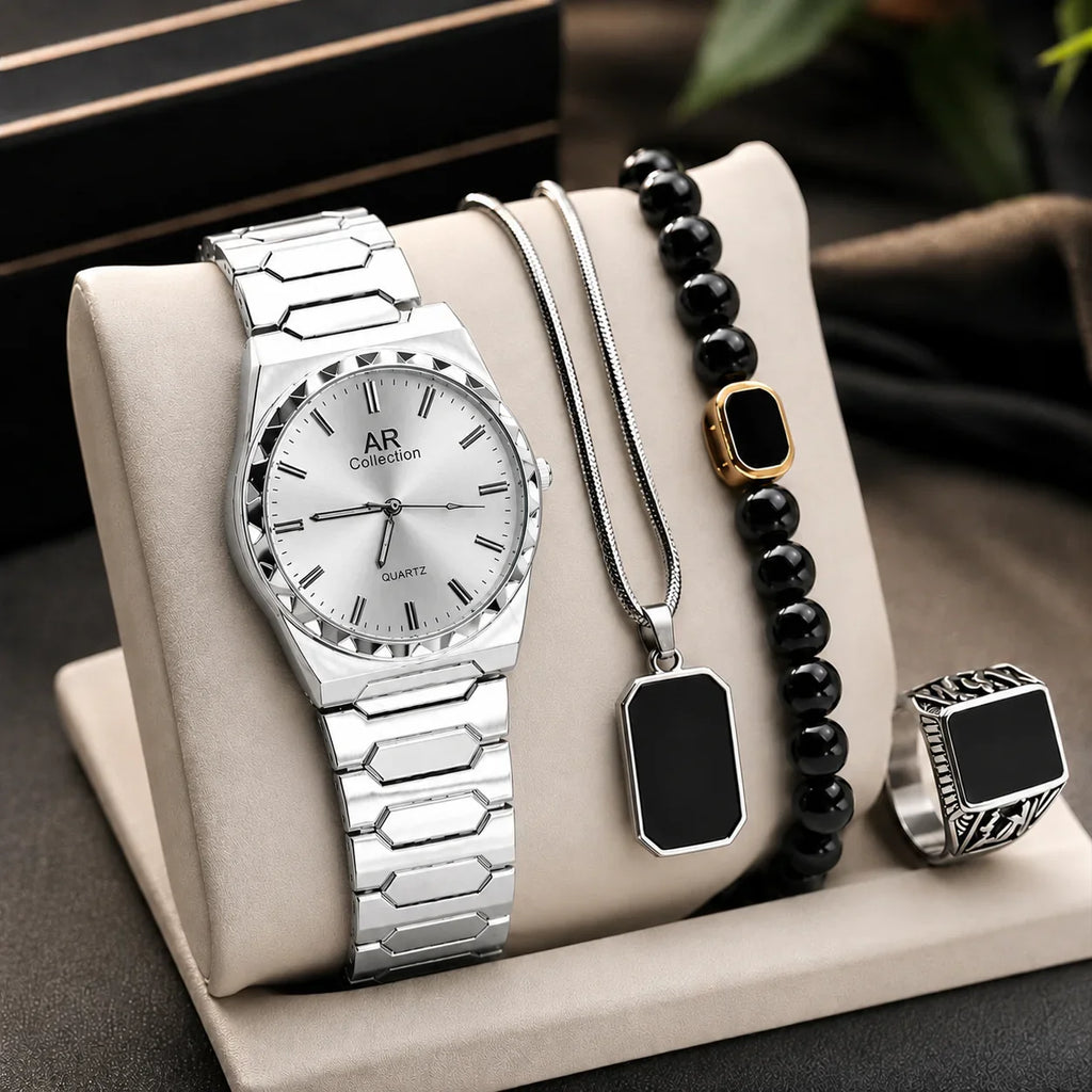 Luxury Men’s 4-Piece Black Accessories Combo Set | Watch, Ring, Bracelet & Pendant