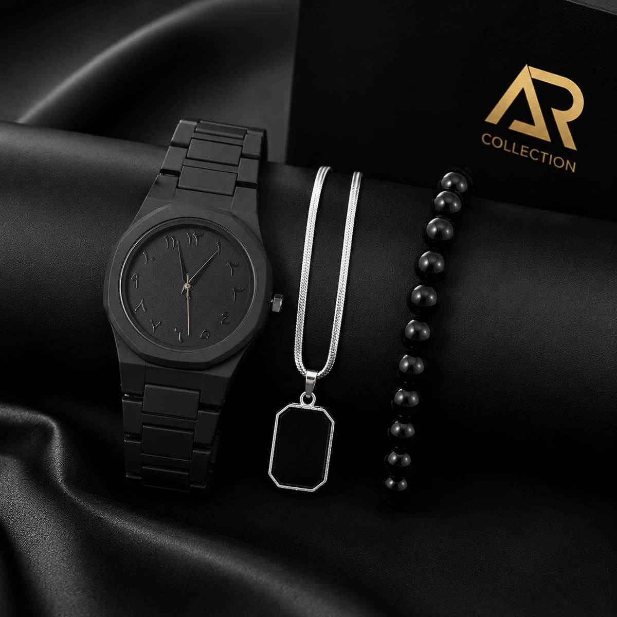 Black Aura Watch Combo Set for Men – Watch, Pendant Chain & Beaded Bracelet