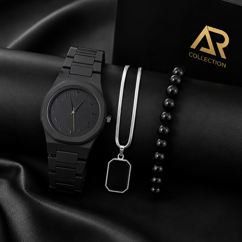 Black Aura Watch Combo Set for Men – Watch, Pendant Chain & Beaded Bracelet
