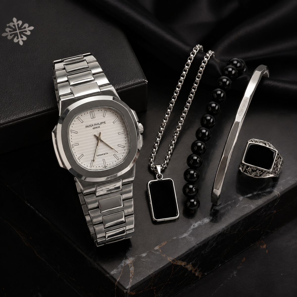 5 in 1 Premium Men's Accessories Gift Set – Watch, Chain, Bracelet, Kada & Ring