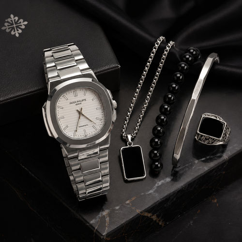 5 in 1 Premium Men's Accessories Gift Set – Watch, Chain, Bracelet, Kada & Ring