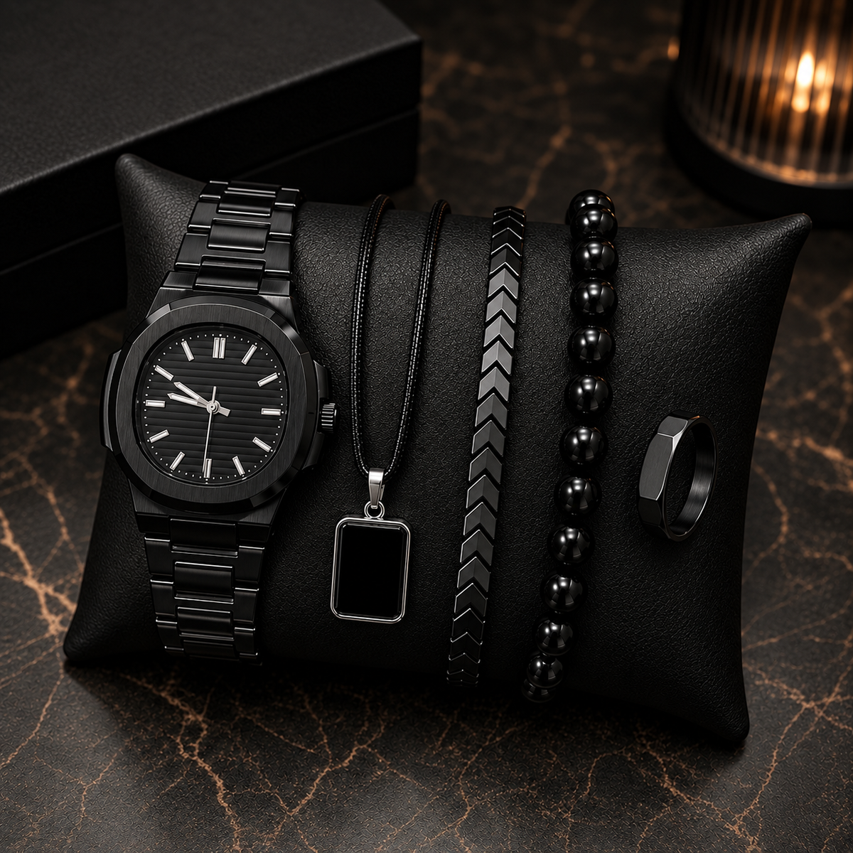 Men's Luxury Black Watch & Accessories Combo – 5 Piece Premium Style Set
