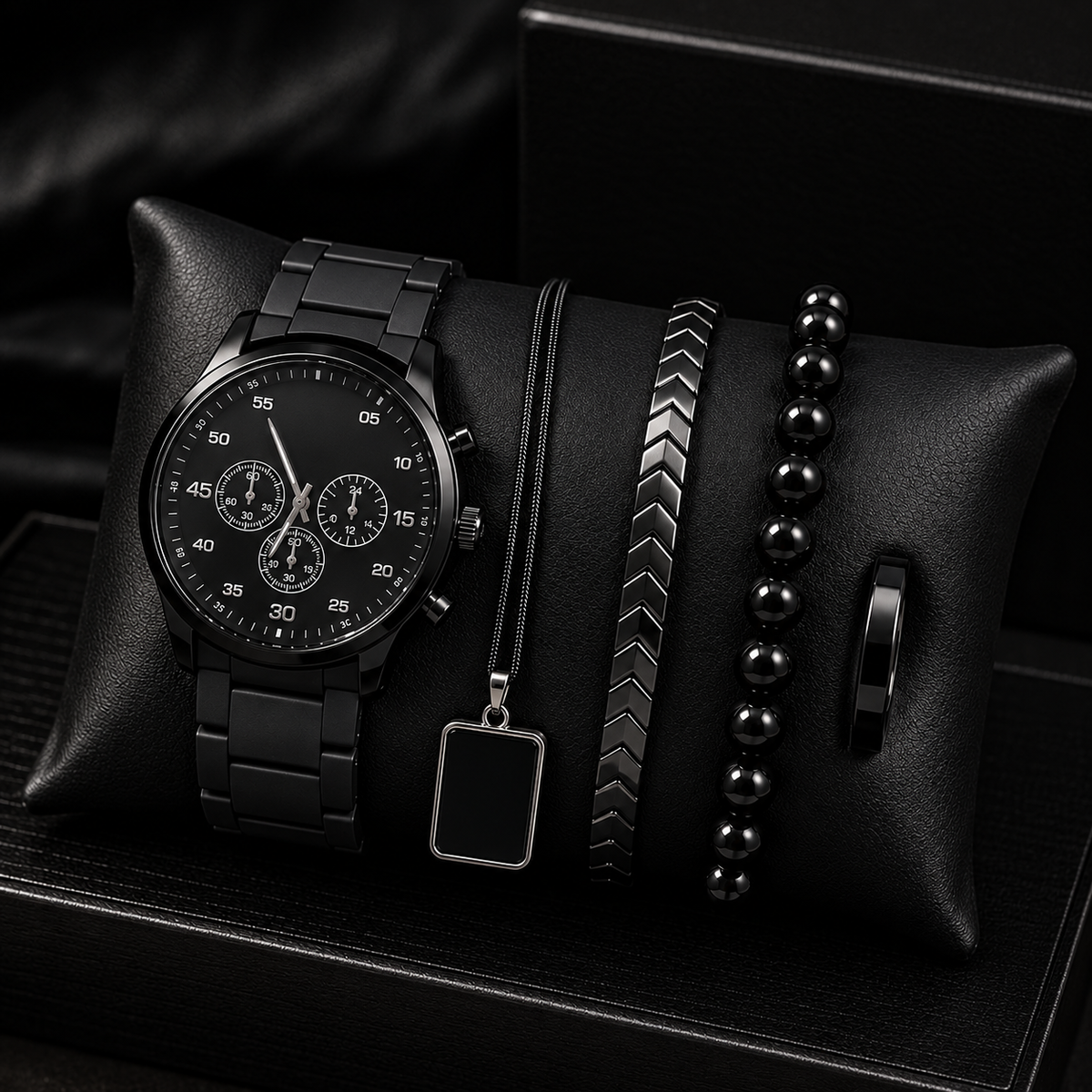 Luxury Black Chronograph Watch & 5-Piece Men's Accessories Combo