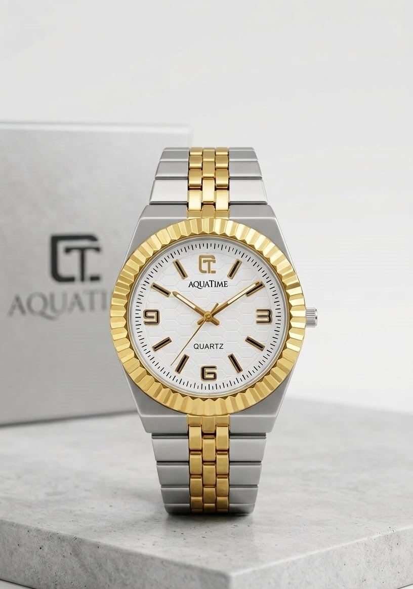Quartz Fluted Bezel Two-Tone Watch with Honeycomb Dial