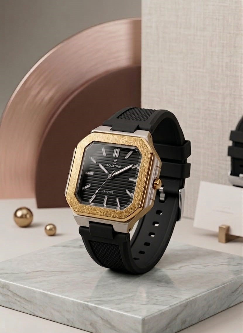 Gold Brushed Bezel & Matte Black Silicone Watch