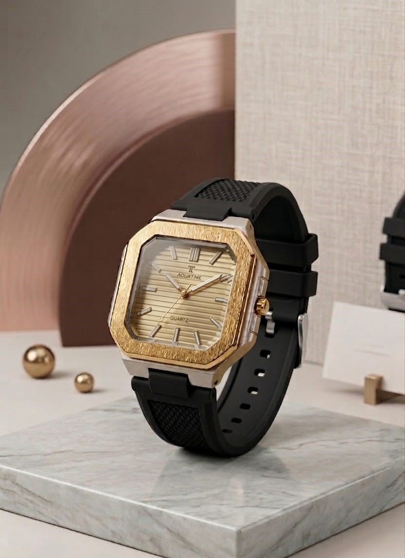 Gold Brushed Bezel & Matte Black Silicone Watch, second view