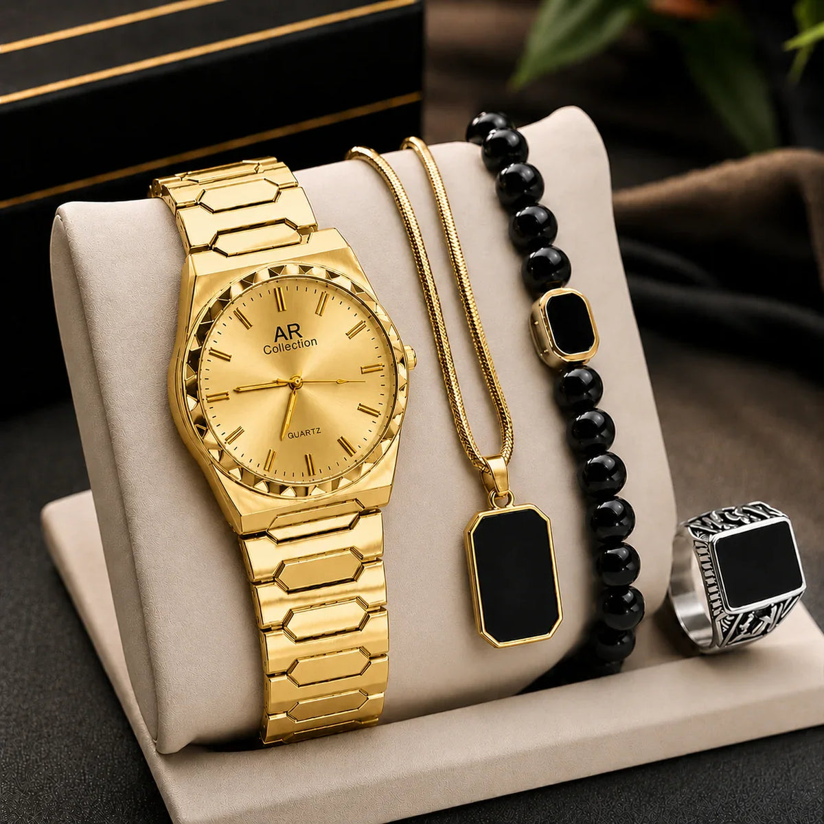 Luxury Men’s 4-Piece Black Accessories Combo Set | Watch, Ring, Bracelet & Pendant